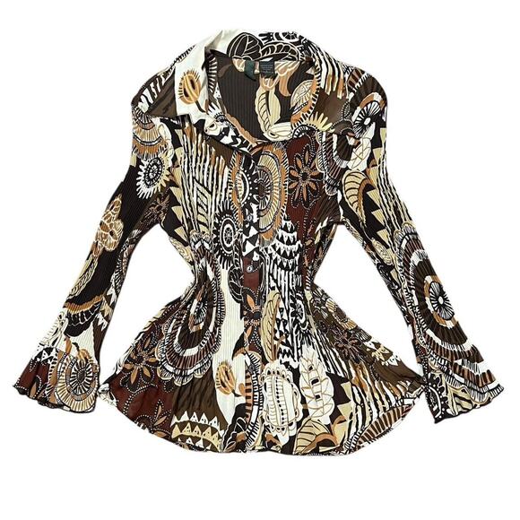 VTG Y2K Serenade NY Brown & Tan Groovy Retro Pattern Crinkled Button Down Top - Picture 1 of 8
